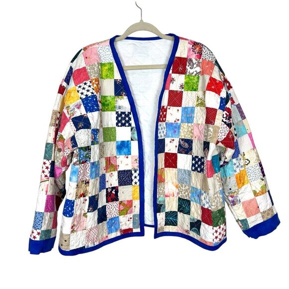 Handamde Jacket Womens Large Colorful Patchwork Quilted Open Front Rainbow - Picture 1 of 16